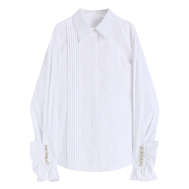 

SuperAen 2022 Spring White Shirts Women's Pleated Turn Down Collar Full Solid Office Lady Blouse