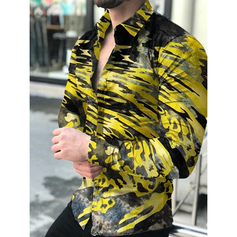 Men's Luxury Shirts Casual Flower Print Turn Down Collar Button Up Shirt Long Sleeve Tops Prom Cardigan