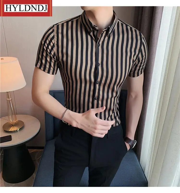 

2023 Simple Luxury Slim Fit Business Casual Formal Wear Blouses High Quality Summer Short Sleeve Striped Shirts for Men Clothing