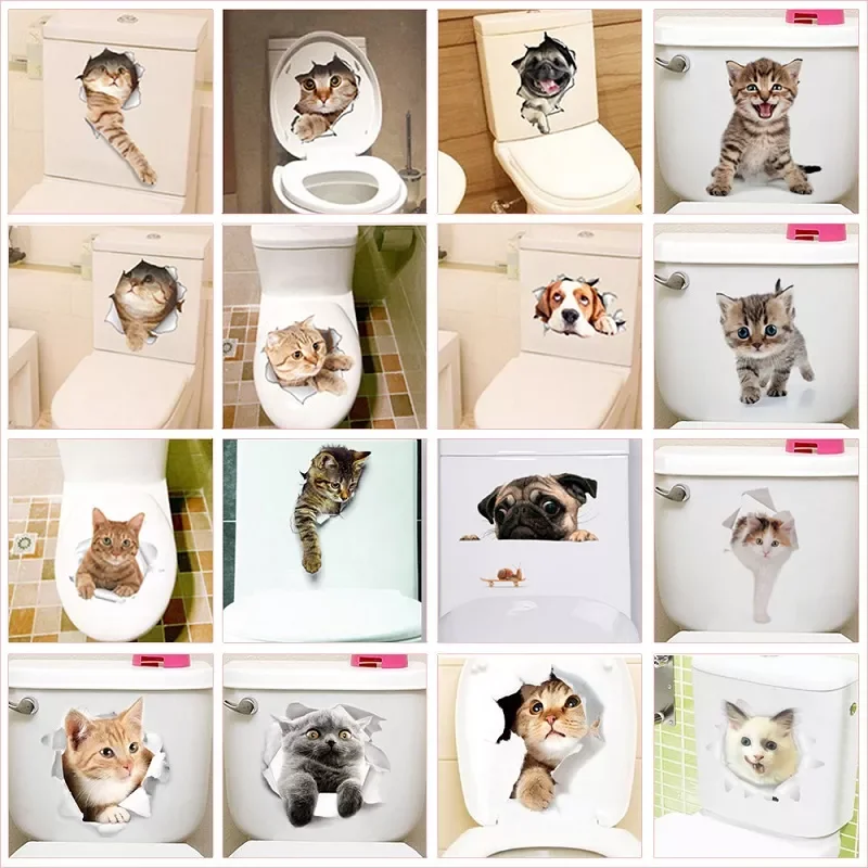 

Lovely Cat Dog Toilet Stickers Home Decoration Diy Funny Cartoon Animal Wc Mural Art Vivid 3d Kitten Puppy Safari Pvc Wall Decal