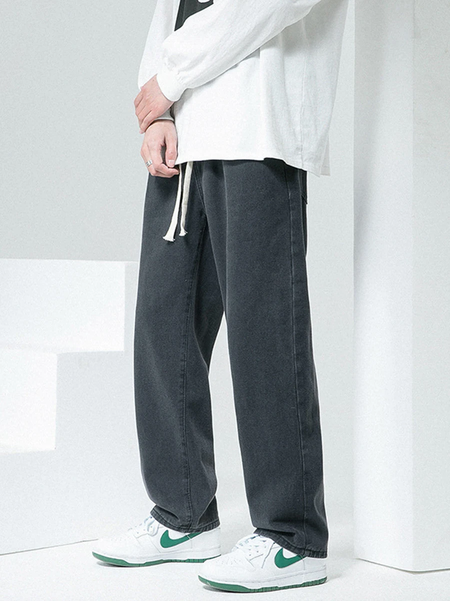 European and American Men's Elastic Waist Jeans Men's Wide Leg Loose Straight Wash Drawstring Trousers Streetwear Ins Hot Sale