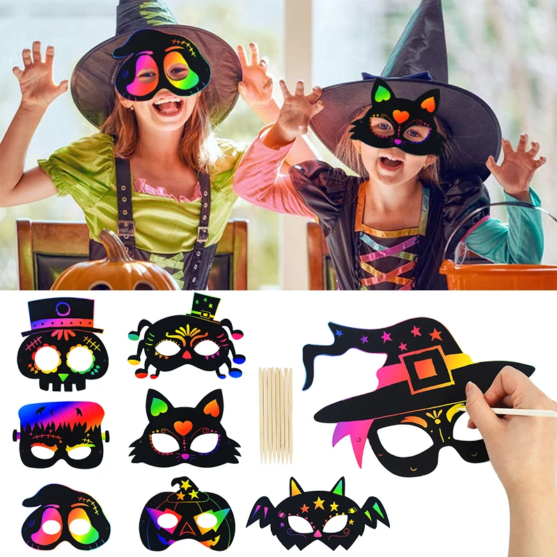 

DIY Magic Rainbow Color Scratch Art Paper Mask Kids Art Scraping Painting Toy Halloween Party Decor Funny Masks Cosplay Supplies