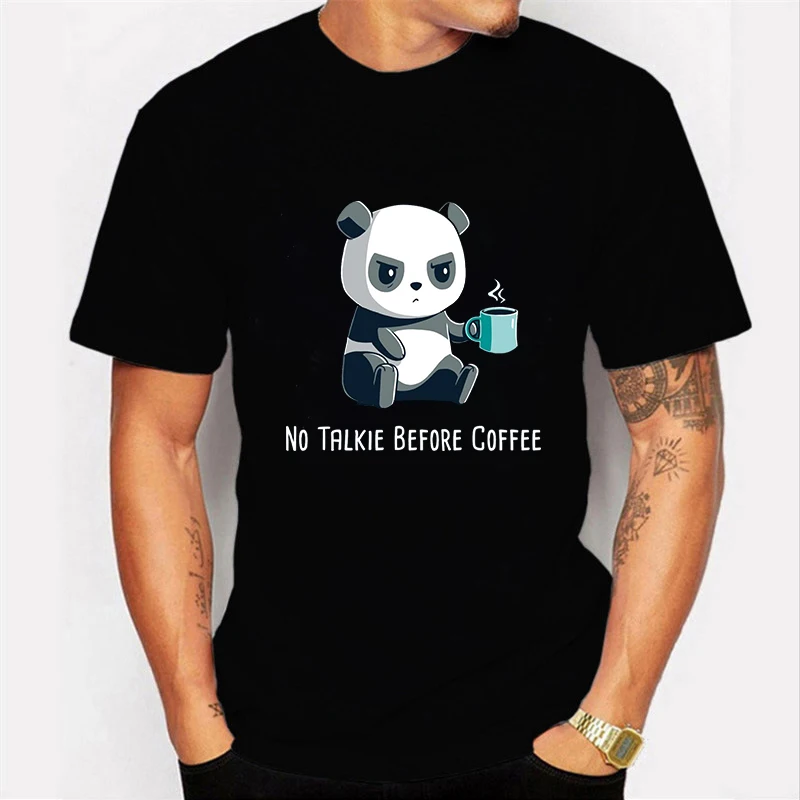 

No Walkie Before Coffee. Fashionable Catoon Panda Printed T-Shirt. Summer Cotton Short Sleeve O-Neck Mens T Shirt New S-3XL