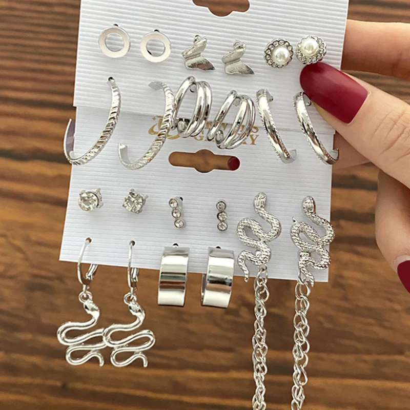 Vintage Geometry Pearl  Earring Set Heart Leopard For Women Girls Hoop Earrings Gold Color Metal Square Round  Party Jewelry