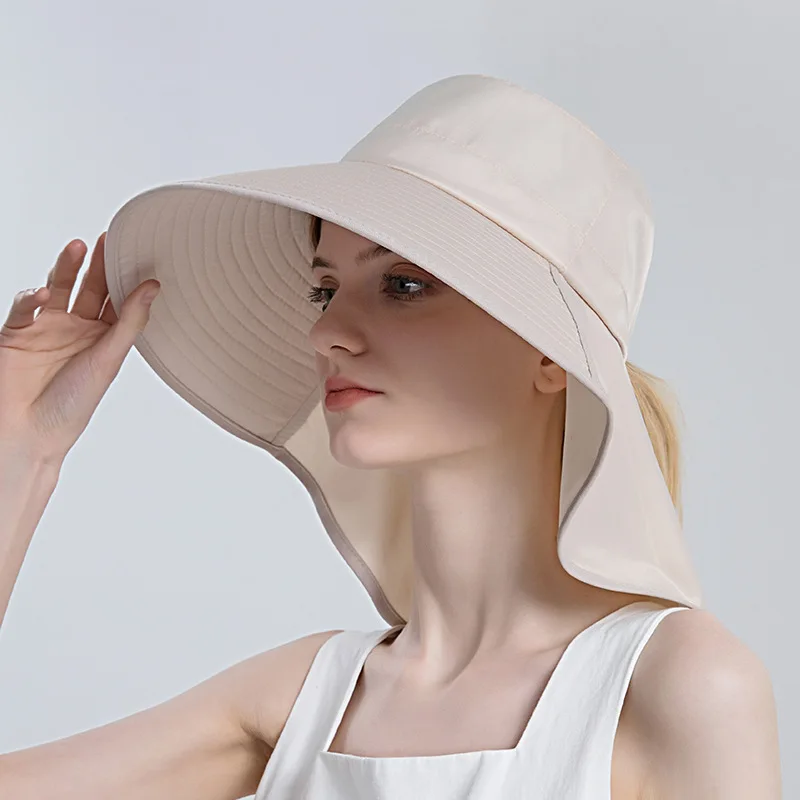 

Women Bucket Hat Sunscreen Fisherman Hats Snap Fastener Big Brim Hat Protection Visors Outdoors Fishing Cap Ponytail Sun Hat