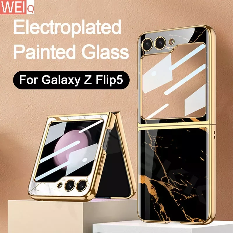 

GKK Original Case For Samsung Galaxy Z Flip 5 5G Plating Pattern Glass Back Screen Protective Hard Cover For Galaxy Z Flip5 Case