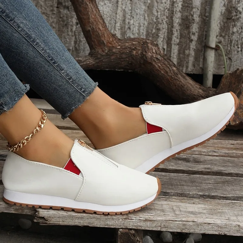 Women's Flat Shoes Spring Front Zipper Casual Round Toe Flat Sneakers Women Slip on Loafers Solid Flats Walking Shoes