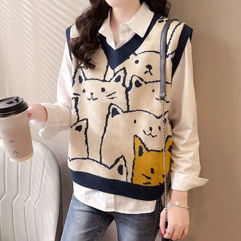 

HELIAR Women Cat Printed Cute Sweater Vest Knit V-Neck Casual Sleeveless Pullovers Streetwear Sweater Vest For Women 2023 Autumn