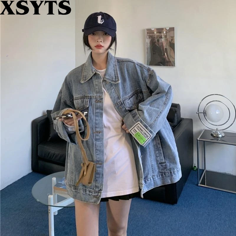 

Женская джинсовая куртка, винтажная Свободная куртка из денима с длинным рукавом, в Корейском стиле, 2022