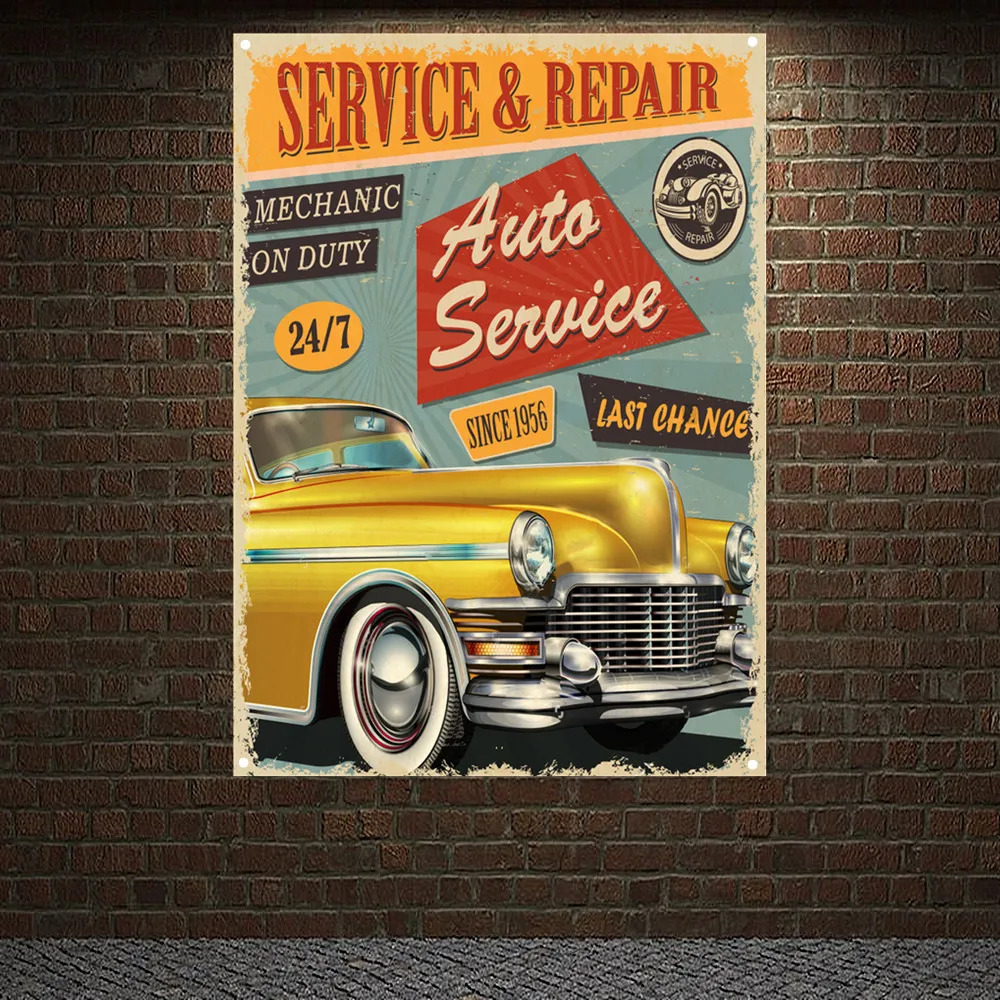 

Vintage CAR SERVICE & REPAIR Wall Art Banner Flag Auto Repair Shop Poster Wall Painting Gas Station Garage Home Decor Tapestry
