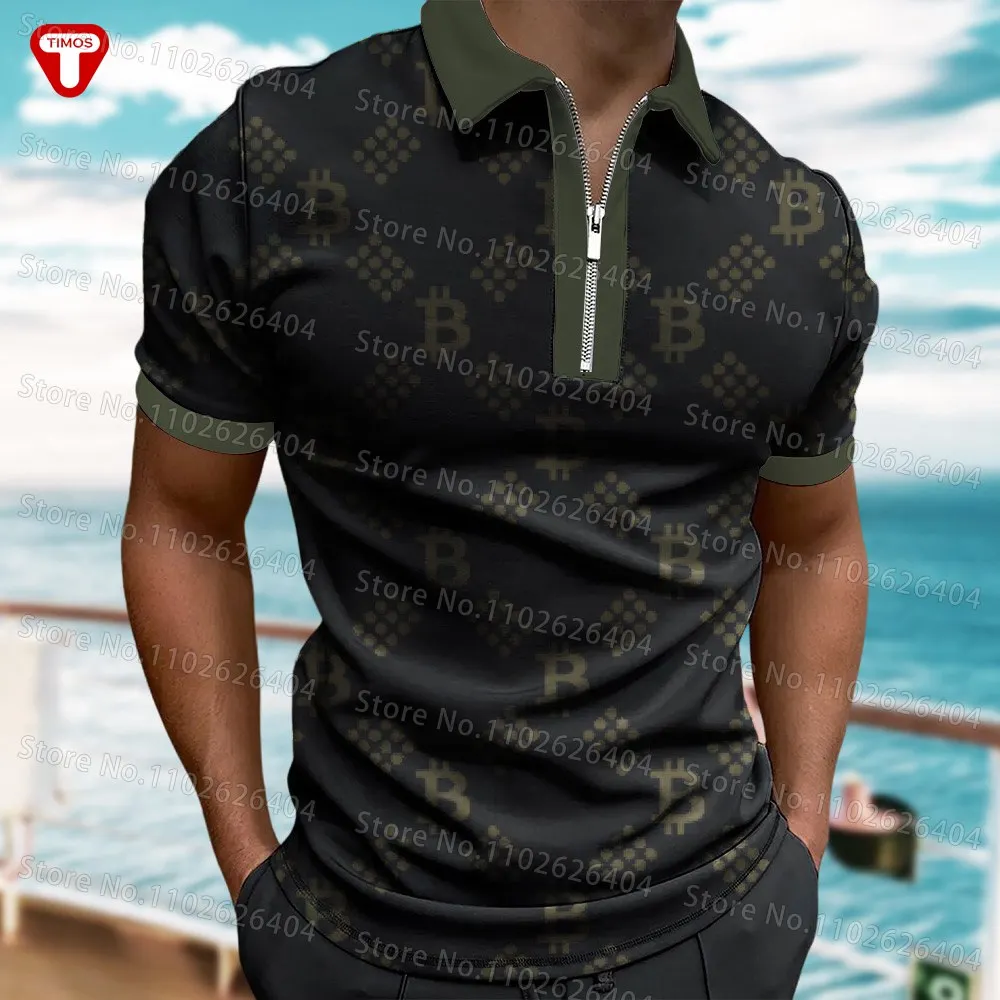 Brand Men's Polo3D Full Print Bitcoin Pattern Encrypted Cargo Code Miner Computer Engineer Short Sleeve T-Shirt Breathable