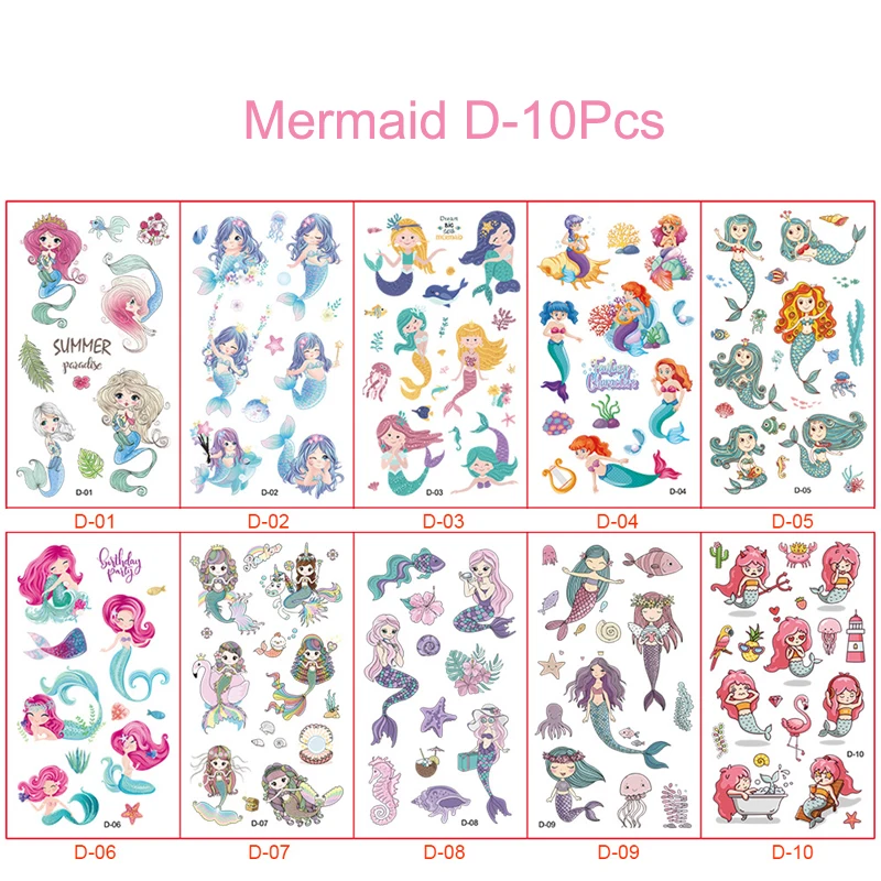 10Sheets Children Cute Cartoon Unicorn Temporary Tattoo Stickers Baby Shower Kids Body Makeup Sticker Tattoos Mermaid Party |