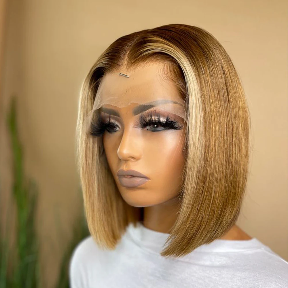 Highlight Bob Wig Human Hair Wigs for Women Brazilian 13x1 T Part Honey Blonde Ombre Colored Bob Wig Straight Lace Front Wigs