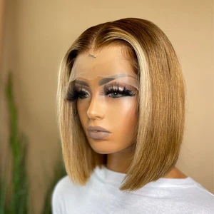 Highlight Bob Wig Human Hair Wigs for Women Brazilian 13x1 T Part Honey Blonde Ombre Colored Bob Wig