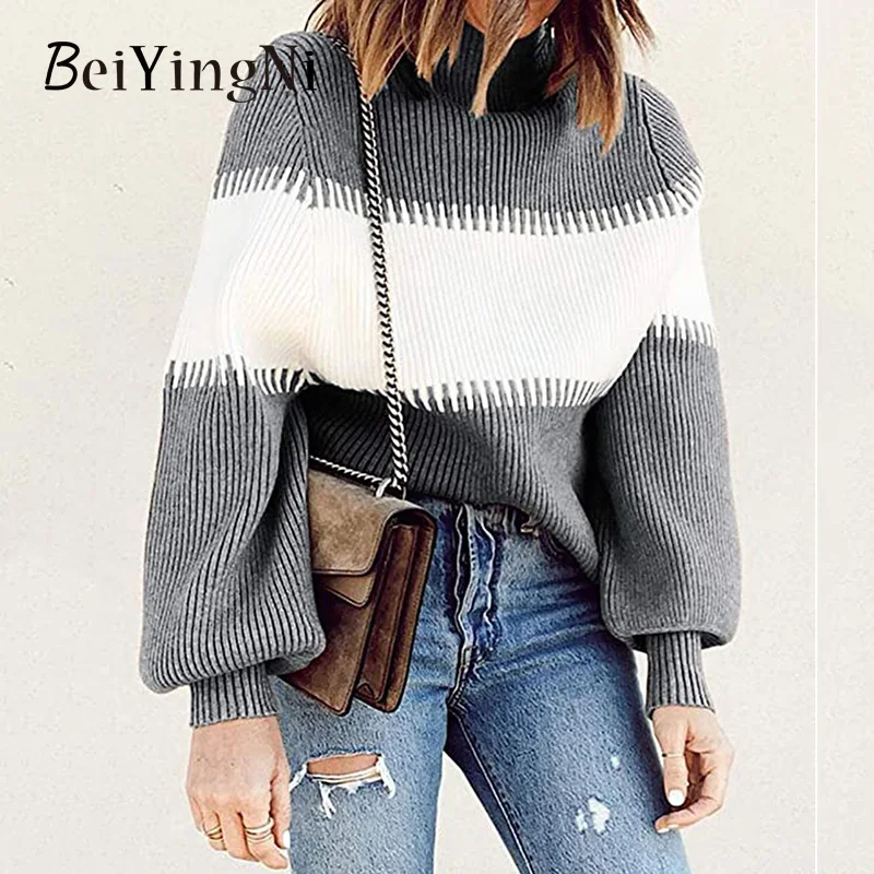 

Beiyingni Lantern Sleeve Women Sweater Turtleneck Spell Color Knitting Loose Pullover Female Autumn Winter Fashion Casual Jumper