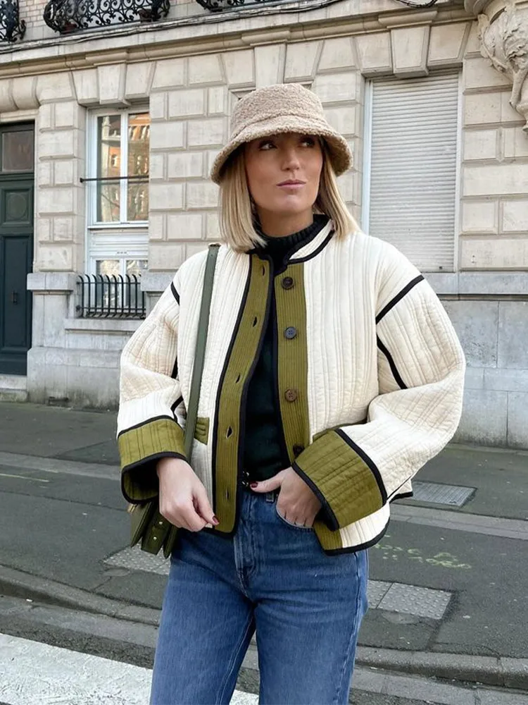 

Patchwork Button Jacket Women 2023 Fashion Long Sleeve Coats With Pocket Female Autumn High Street Thicken Parkas Outerwear