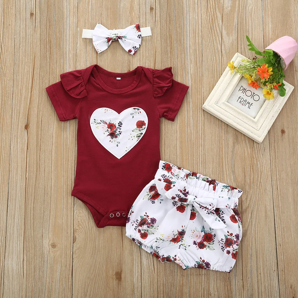 

3pcs Baby Girl Clothes Set Newborn Infant Romper Shorts Bowknot Headband Summer Heart Floral Print New Born Outfit 6M-24M