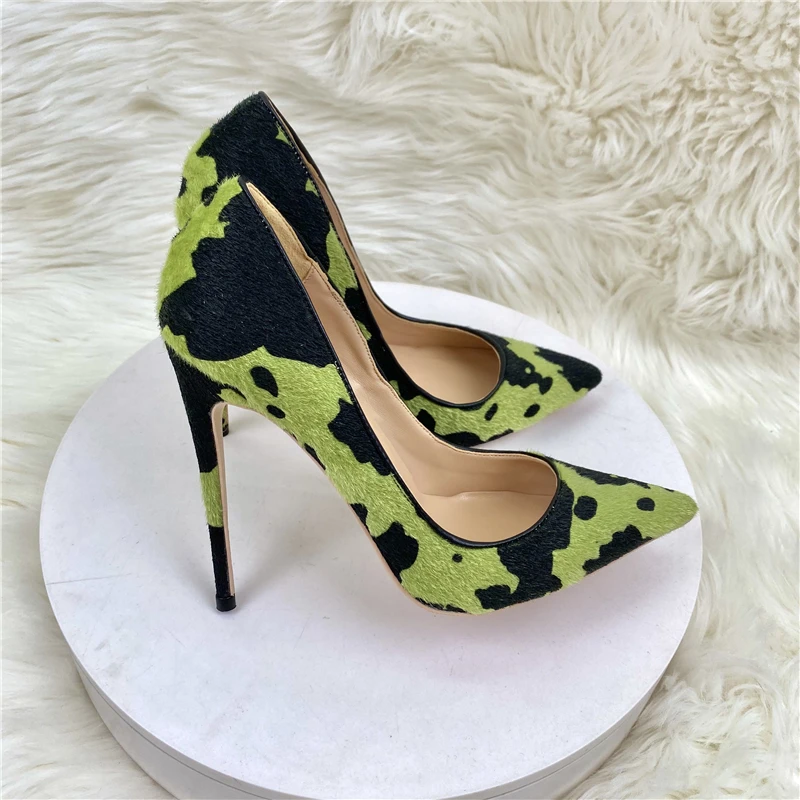 Tikicup Hairy Grafitti Pattern Women Green Pointy Toe High Heel Shoes Unique Design Sexy Slip On Stiletto Pumps Plus Size 33-45