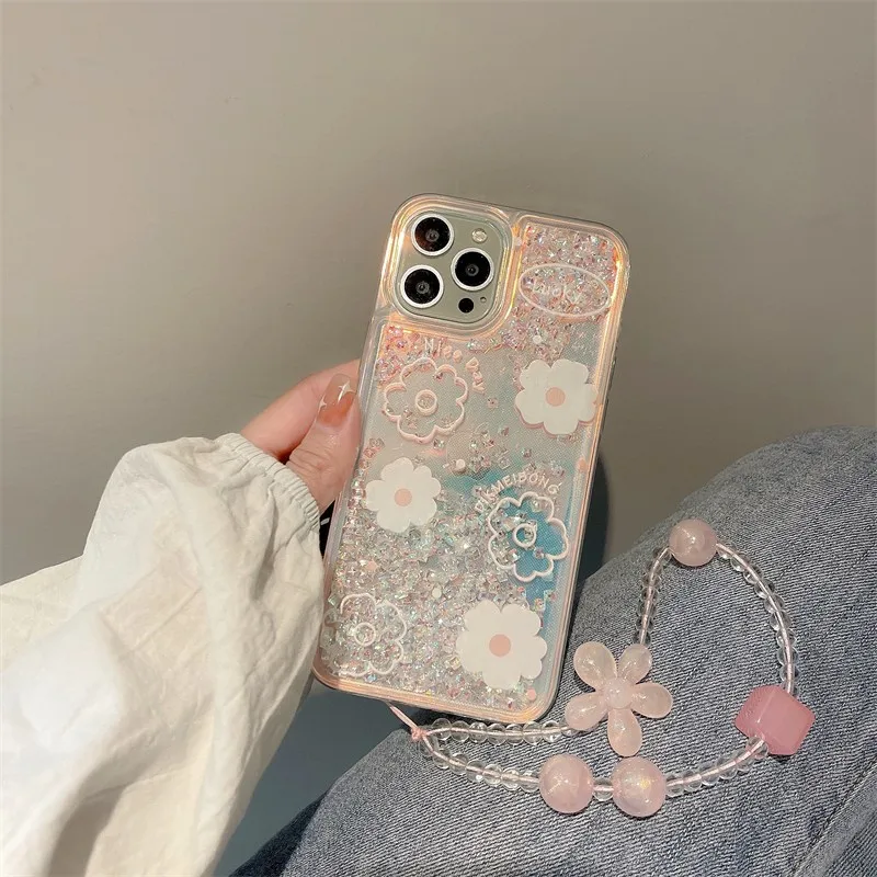 

Fashion Chrysanthemum Quicksand Shiny With Lanyard Folding Stand Girl Soft Case For Iphone 11 12 13 Pro Max Xr X Xs Cover Fundas