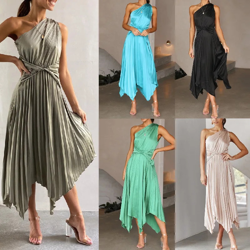 

Sexy Women's Prom Dress Solid Pleated Large Swing One Shoulder Sleeve Skirt Banquet Evening Party Dresses For Women Vestidos