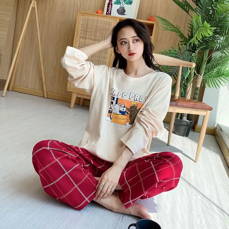 Pajamas Women's Spring and Autumn Cotton Long Sleeves Korean Version Loose Large Size Fat Sister Plus Fat Plus Wearable Suit