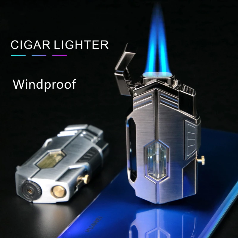 

New Double Jet Cigar Cigarette Torch Lighter Strong Windproof Metal Gas Butane Refill Lighter with Cigar Cutter Gadget Gift