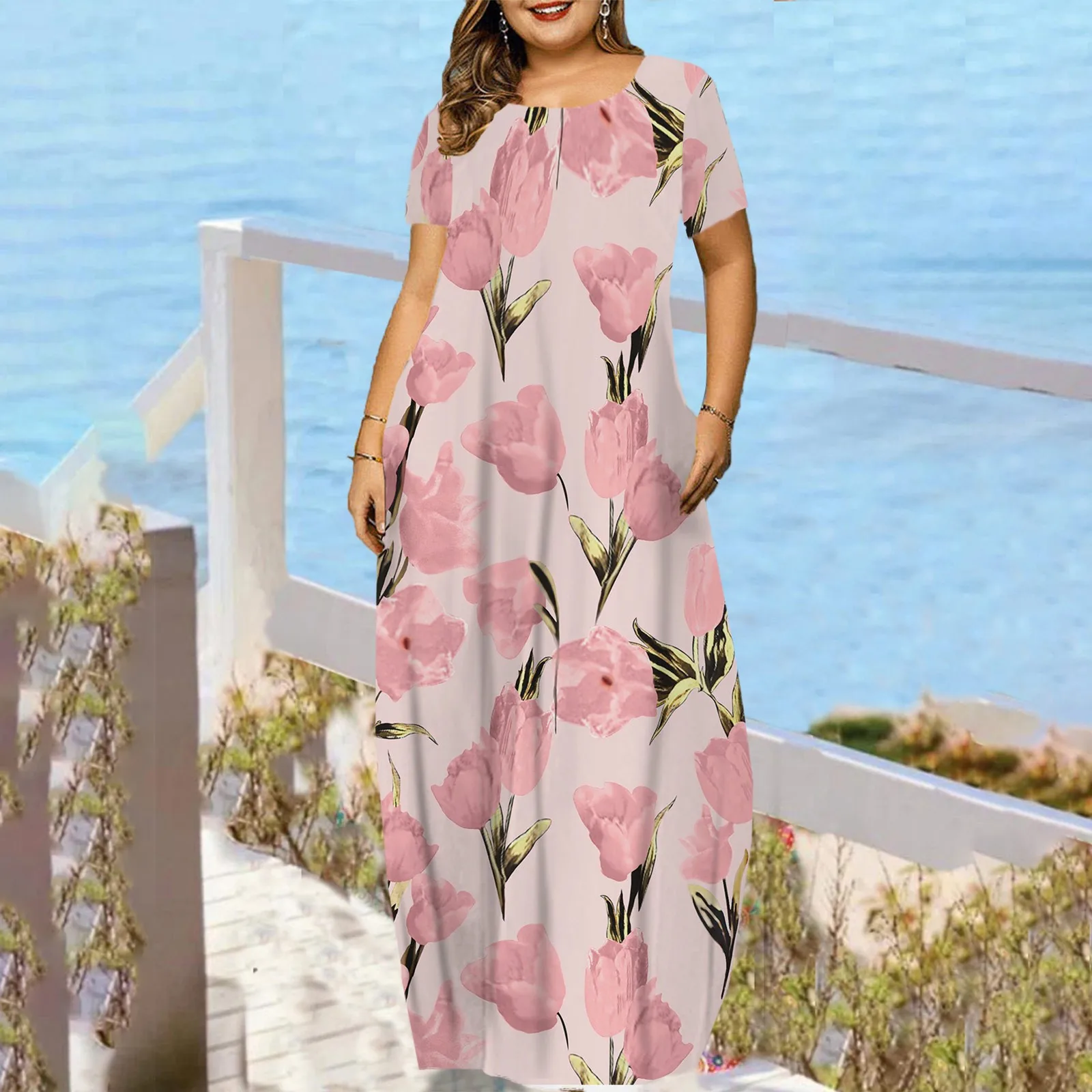 

Women's Fashion floral Printed Short Sleeves Round Neck Loose Pocket Dress ladies large size comfortable dresses vestidos