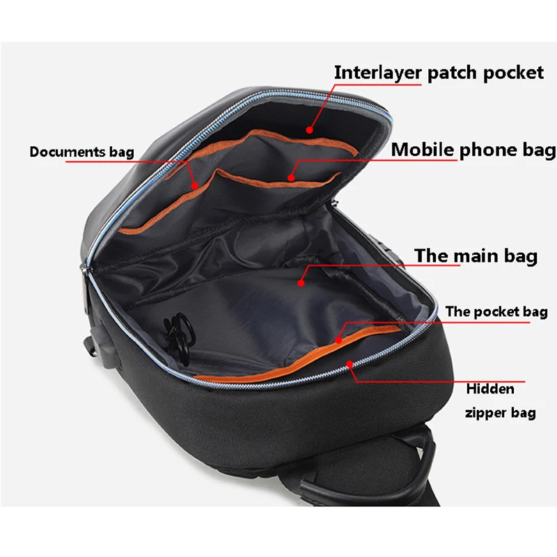 Men Multifunction PVC Anti-theft Shoulder Bag USB Crossbody Bag Travel Sling Bag Pack Messenger Pack Chest Bag for Male