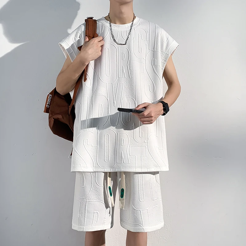 Summer Streetwear Letter Texture Casual Set Korean Trendy Tide Oversized Sleeveless Top Shorts Solid Color Two Piece Set Unisex