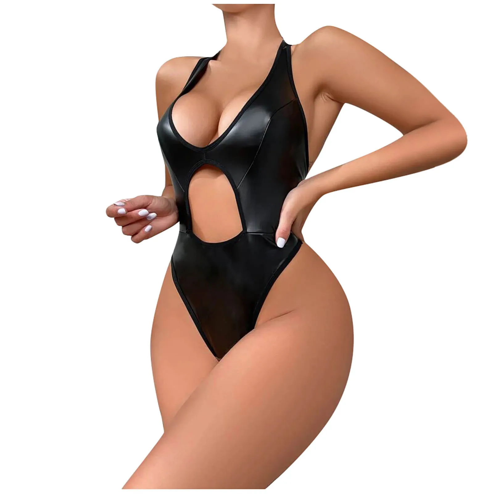 

Сексуальное кожаное нижнее белье, эластичное мини-платье без рукавов, Клубная одежда, с вырезами на шее, нижнее белье, женский комбинезон