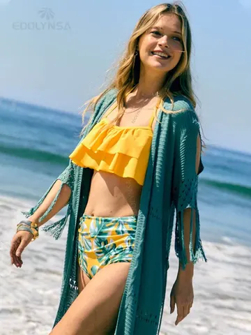 Зеленая вязаная крючком Туника, накидки для бикини, сексуальная женская одежда с вырезами, пляжная одежда, купальный костюм, накидка Q451