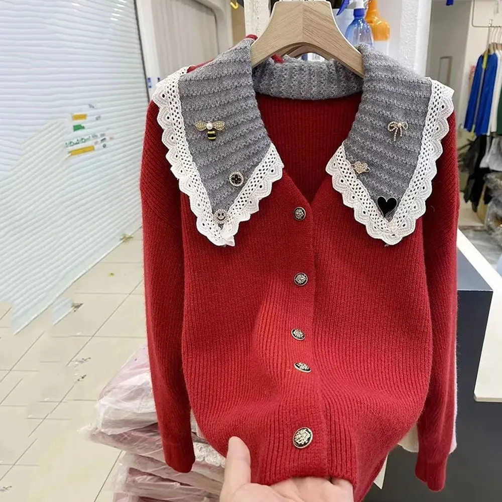 

Autumn Peter Pan Collar Knitted Sweater Jackets Women Fashion Long Sleeve Single-breasted Cardigan Coats Ladies Kawaii Knitwear