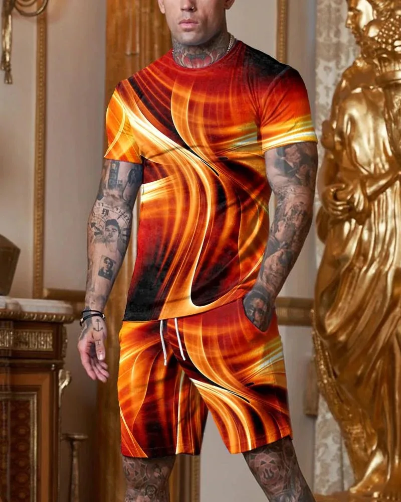 Summer Men Set Fashion Outfit Geometric Pattern Dot Casual Oversized Sportswear 3D Printed Harajuku T-Shirt Shorts 2 Piece Suit