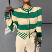 women korean knitted cardigan striped round neck sweater coat 2022 autumn winter female fashion casual sweater cardigan