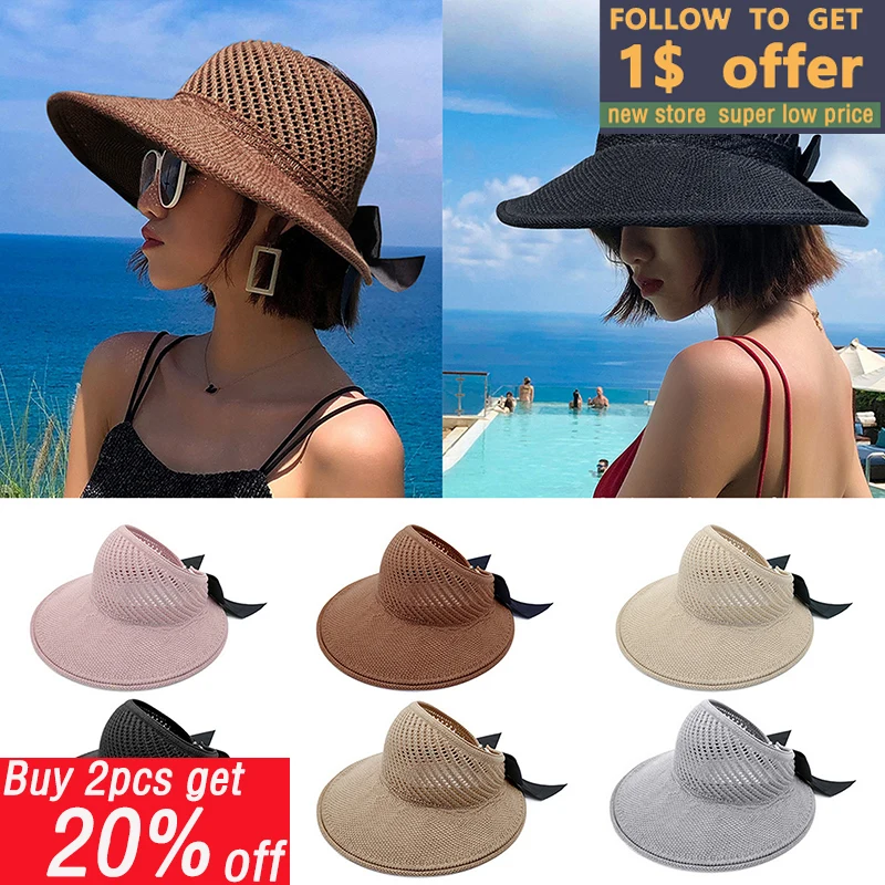 

Summer Women Bucket Hat UV Protection Big Wide Brim Beach Sun Hats Empty Top Caps Ponytail Caps Bows Ladies Girls Panama Caps