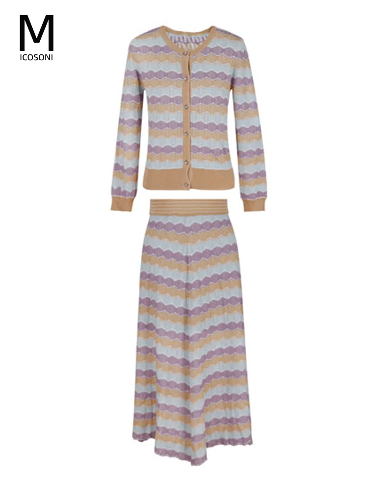 

Italian Style Two Piece Sets Womens Outfits 2022 Wavy Stripe Sweater+ Elegant A-line Skirt Fashion Clothing Free Shipping Suits