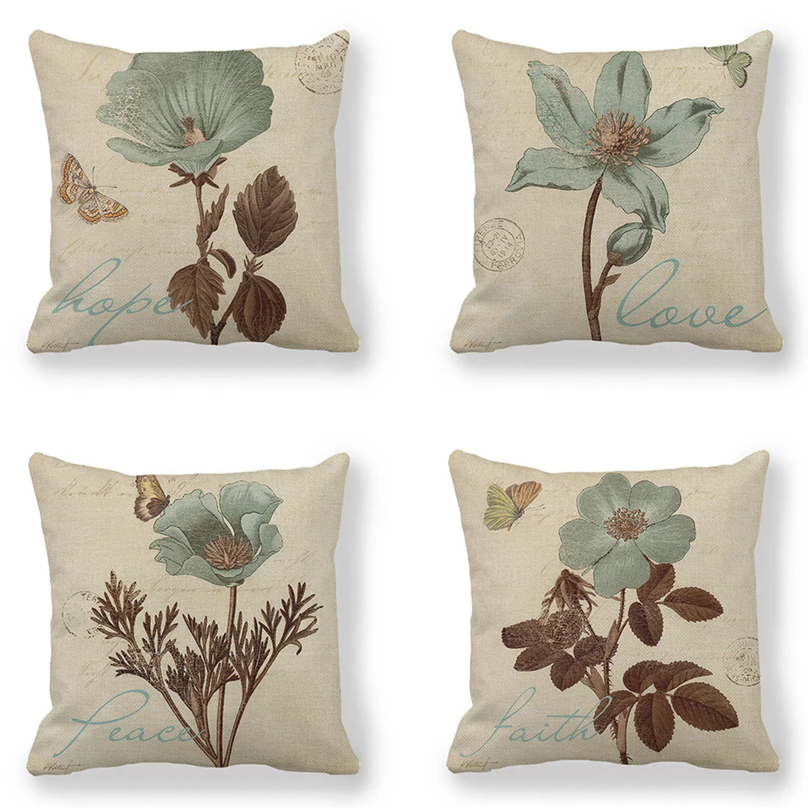 

4Pcs Hand Painted Cornflower Linen Single Sided Pillowcase Spring Flower Print Cushion Cover Without Pillow 45*45cm