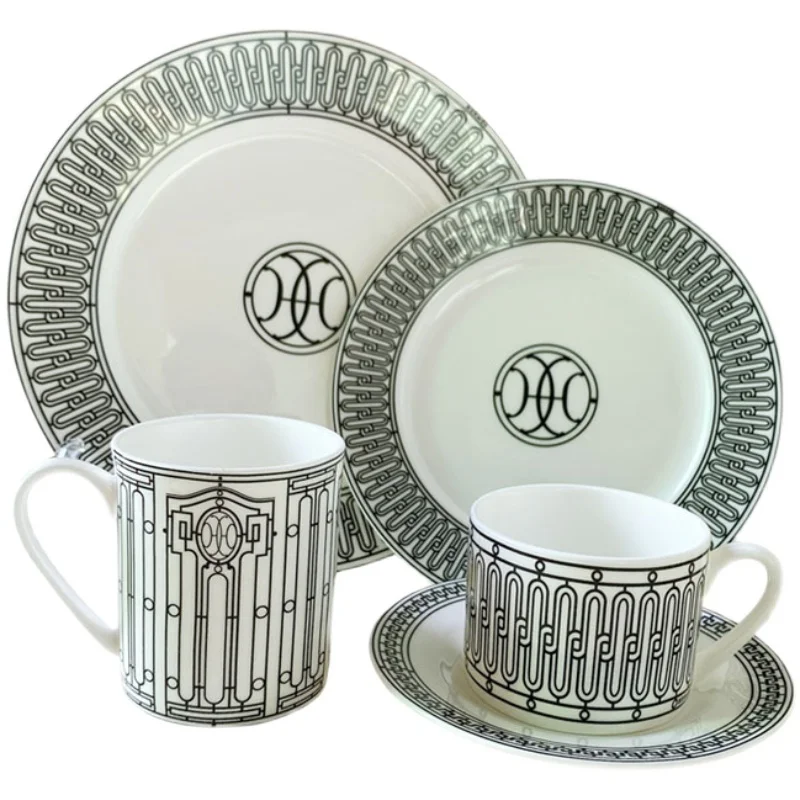 

Кофейная чашка Bone China с черной линией, набор посуды с черным дном, блюдо в западном стиле чаши для риса и супа, декоративная ложка, кофейный набор, подарочная коробка