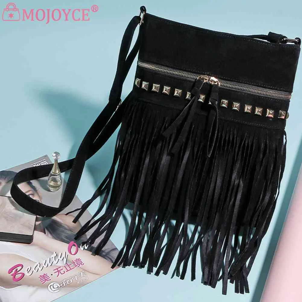 

Сумка-мессенджер из искусственной замши, винтажная женская сумка-мессенджер, однотонная сумка с бахромой и кисточкой, украшенная заклепкам...