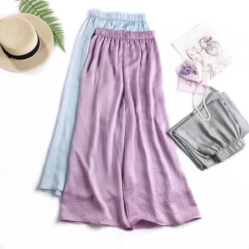 

Cupro Silk Wide-leg Pants Women's Summer Straight Pants Korean Fashion Solid 2022 New Loose Casual Thin Drape Ice Silk Trousers