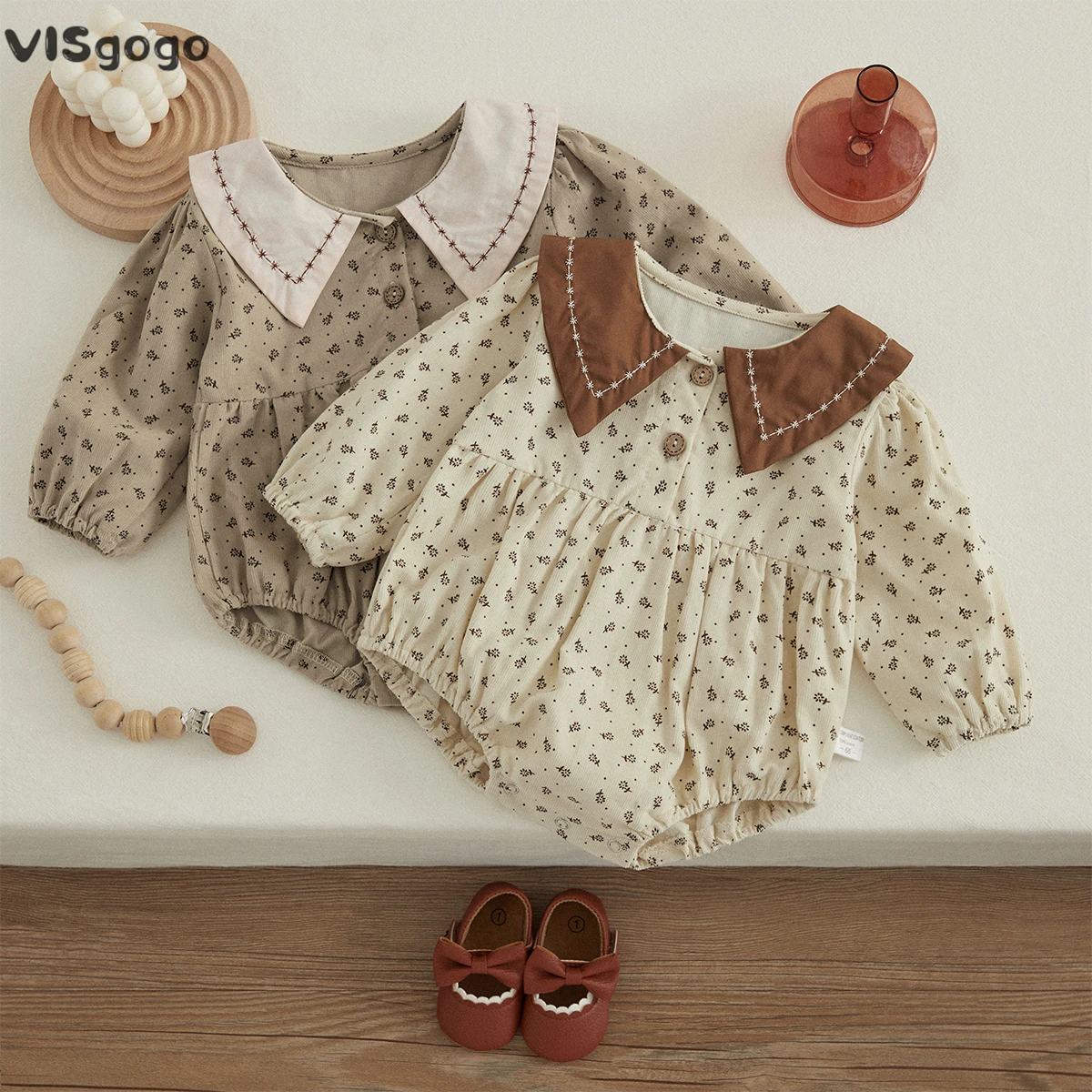 

VISgogo Infant Baby Girl Corduroy Romper Doll Collar Long Sleeve Floral Romper Baby Sweet Style Jumpsuit Spring Fall Clothes