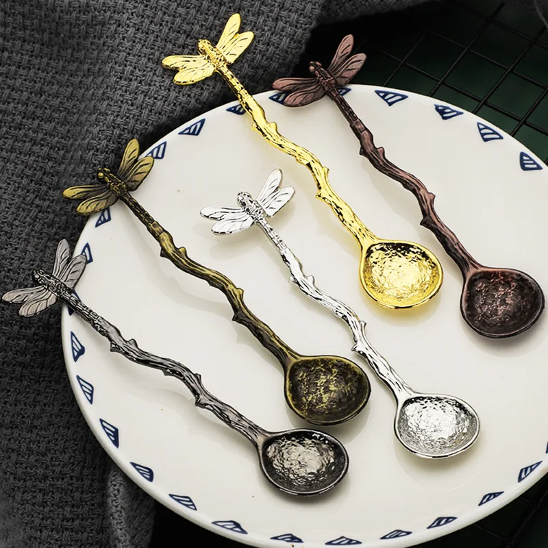

Dessert Spoon Vintage Dragonfly Branches Leaves Shape Mini Ice Cream Jelly Coffee Milk Mixing Spoon Exquisite Spoon for Kitchen