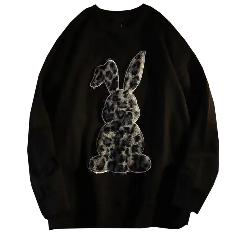 

2022 Long Sleeve Spring Autumn Fashion Street Style Black Women T Shirt Patchwork Harajuku Patch Leopard Bunny Thin Tees Tops