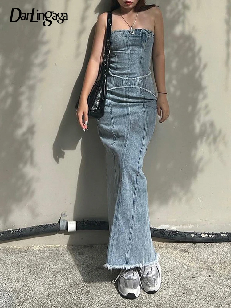 

Darlingaga Fashion Streetwear Burr Stitched Tube Denim Dress Female Strapless Party Split Summer Long Dress Sexy Elegant Outfits