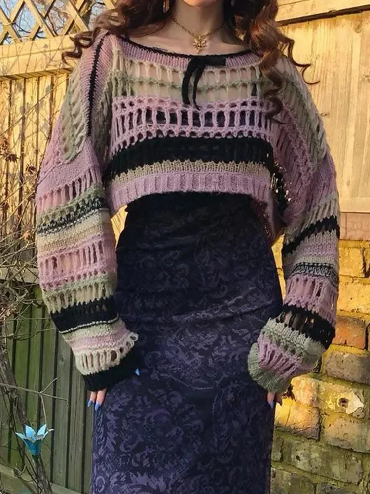 

Women Y2K Contrast Knitted Cover-Ups Hollow-Out Holes Solid Color Long Sleeve O Neck Perspective Beachwear Tshirt