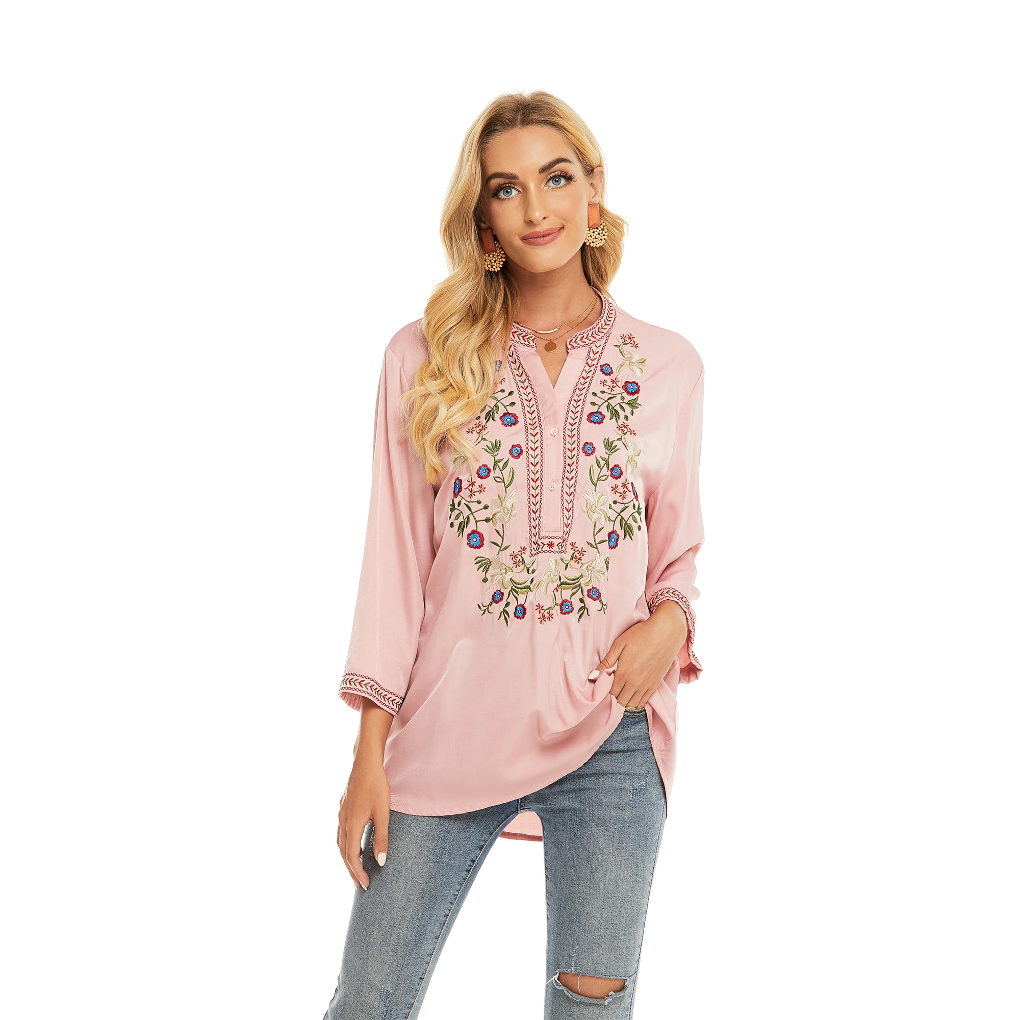 Eaeovni Ladies Loose Pullover Embroidered Shirts Plus Size Long Sleeve Tops Ladies Farmer Tops