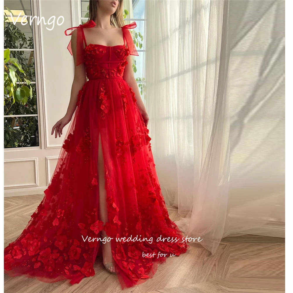 

Verngo Red Tulle 3D Flowers Evening Dresses 2023 Wedding Guest Dress Tulle Split Straps Bride Formal Prom Gowns Vestidos