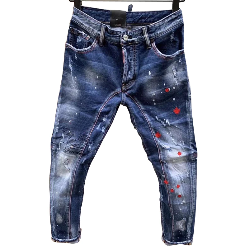 Starbags DSQ Trendy men's wash, worn holes, patches, paint-splash-and-ink microelasto small feet stitching jeans for me