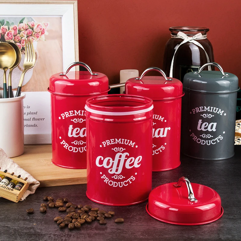 

3Pcs/Set 1.2L Vintage Sealed Cans Metal Coffee Tea Sugar Canisters Kitchen Canister Jars with Lids Retro Food Storage Container