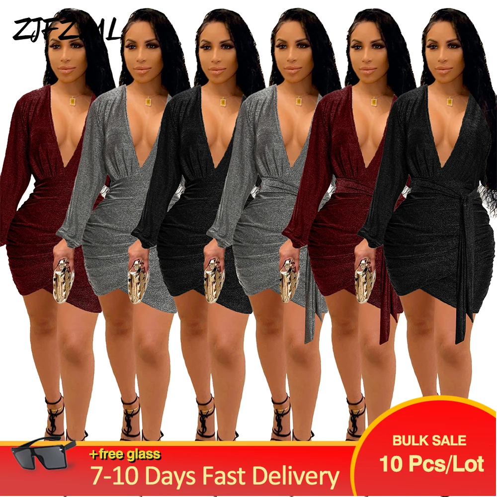 

Bulk Items Wholesale Lots Hipster Midnight Women's Body-shaping Sheath Dresses Elegance Deep V-neck Cleavage Full Sleeve Dress